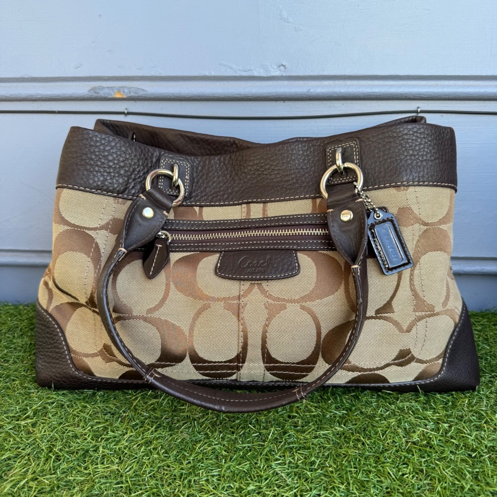 Vintage Y2K Coach Penelope Signature Tote Jacquard Bag Brown Leather Bottom
